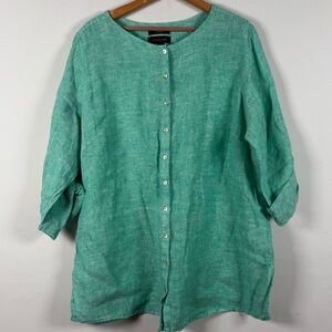 Tahari Women’s 1X 100% Linen Button Up Tunic Kelly Green Roll Tab Sleeve Classic